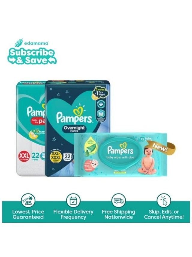 Pampers Day and Night Diapers XXL (44 pcs) + Baby Wipes with Aloe (72s